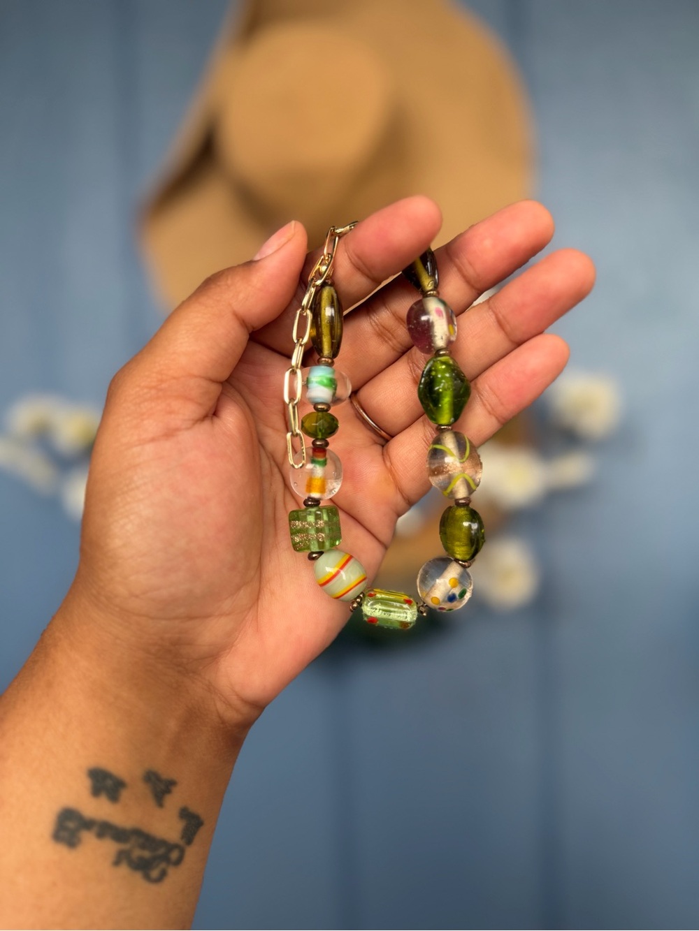 Handmade Vintage Green Glass Bead Bracelet